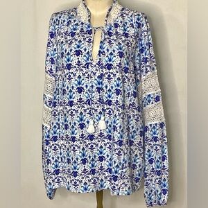 Stella Parker Blue and White Print Blouse w Lace & Tassel Ties